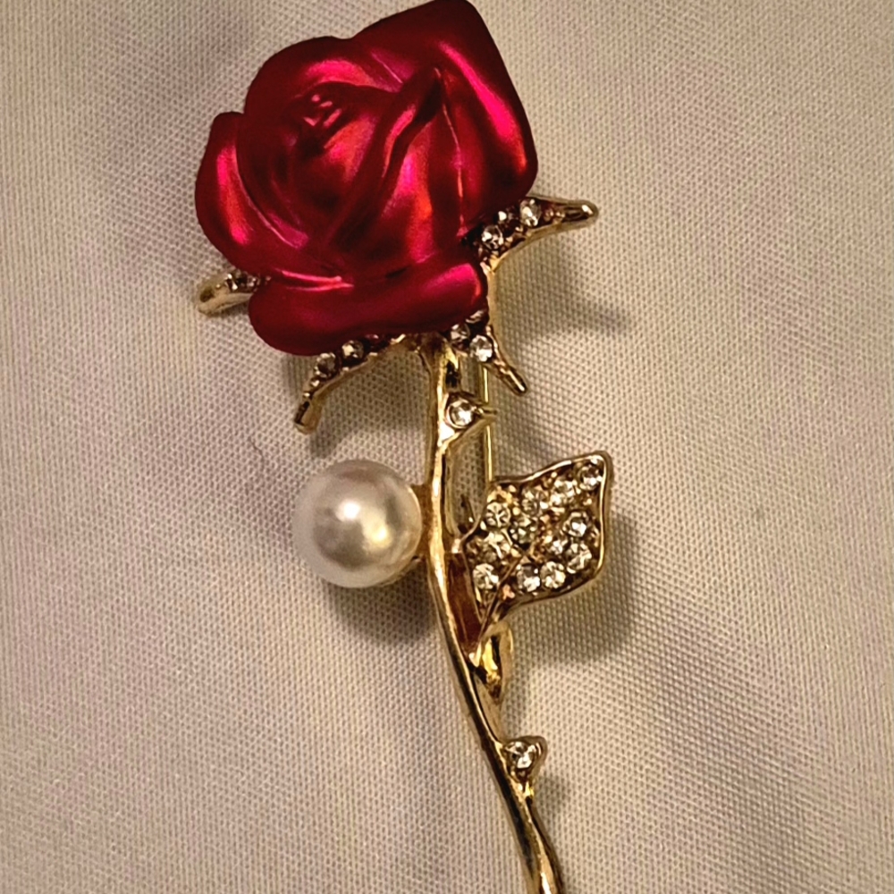 Red and Gold Rose Brooch with Pearl Accent